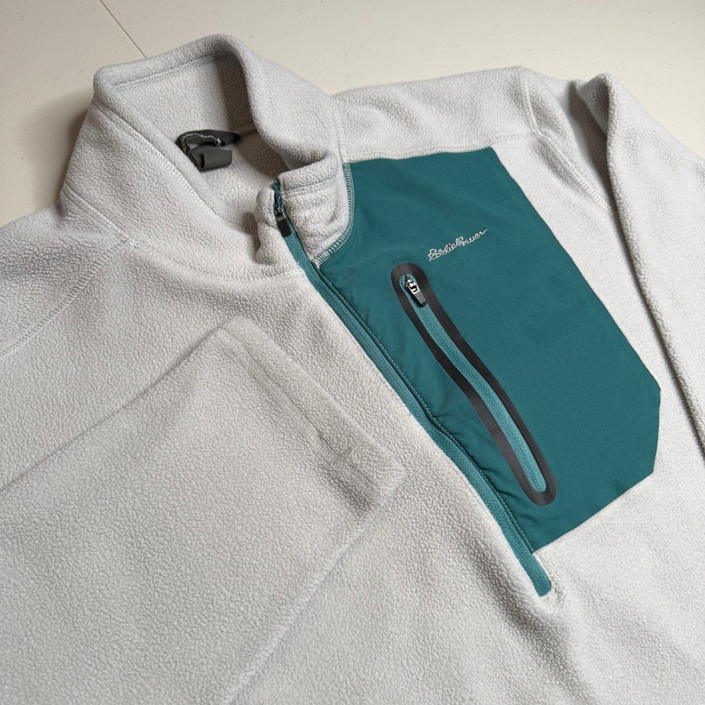 Eddie Bauer Mens XL Gray Fleece Quarter Zip Pullover Teal Chest Pocket EM32LK119